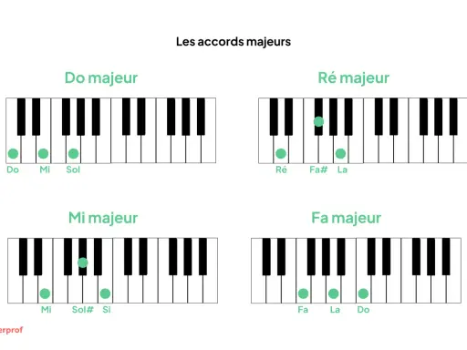Diagrammes de clavier de piano montrant les notes pour les accords majeurs : Do, Ré, Mi et Fa. Apprenez à jouer un accord de piano.