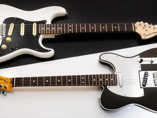 Stratocaster blanche et Telecaster noire, deux icônes Fender côte à côte. Le choix du guitariste entre ces deux légendes.