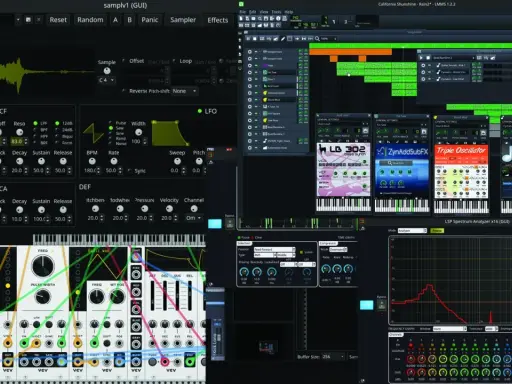 Interface de création musicale sous daw linux, avec pistes audio, synthétiseurs virtuels et analyseur de spectre.