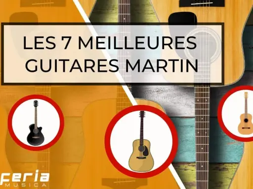 Les 7 meilleures guitares Martin, avec des illustrations de guitares acoustiques et électriques.