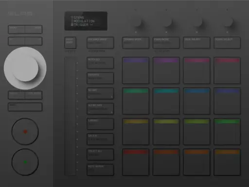 Un contrôleur musical SLAB avec un grand bouton rotatif, des pads lumineux et des commandes pour la modulation, le tempo et les notes. L'alpha thêta de la musique est à portée de main.