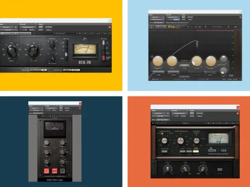 Maîtriser le compresseur : interfaces de plugins audio pour le mixage, incluant CLA-76, FabFilter Pro-C2, SSL Comp et dbx 160.