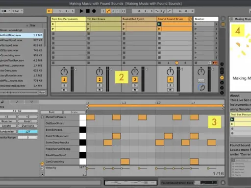 Dans Ableton Live, un **ableton sampler** est utilisé pour organiser et déclencher des sons. Ici, des bruits du quotidien sont transformés en musique.