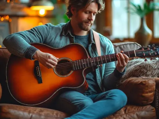 Un homme joue d'une guitare acoustique sunburst sur un canapé en cuir. Il réfléchit à quelle guitare choisir pour sa prochaine chanson.