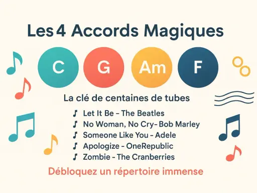Les 4 accords magiques C, G, Am, F ouvrent la porte à des centaines de tubes. Un accord magique pour un piano qui chante !