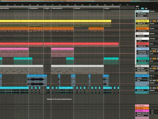 Ableton Live Lite : limitations sur le nombre de pistes et d'effets. La vue montre une session musicale avec plusieurs pistes audio et MIDI.