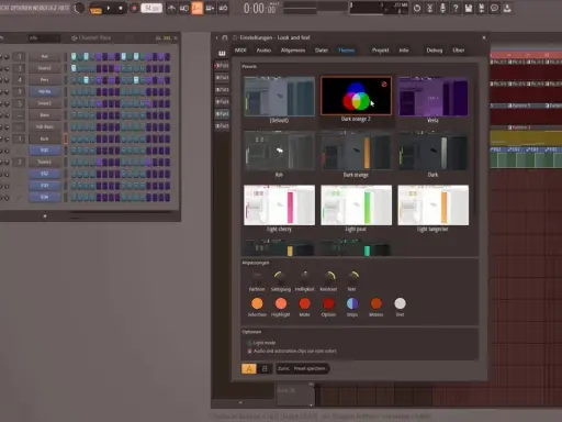 Interface de FL Studio montrant les options de thèmes, avec des aperçus de "Dark orange 2" et "Light tangerine" parmi d'autres.