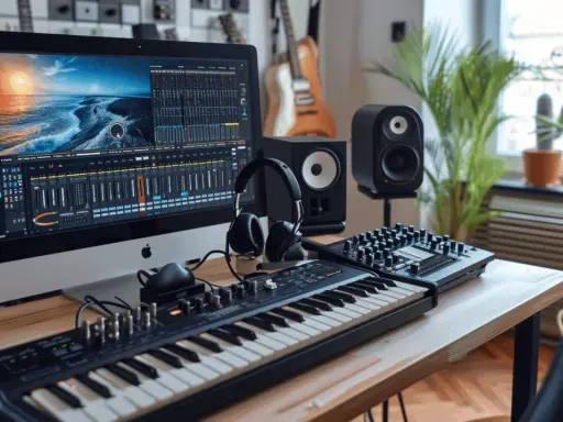 Bureau de musique avec écran affichant une table de mixage, clavier, casque et enceintes. Le port midi est prêt pour la création sonore.
