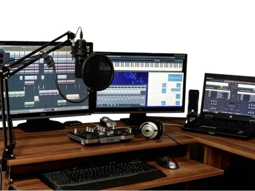 Postes de travail audio avec microphones, claviers, écrans affichant des logiciels de musique, et un ordinateur portable.