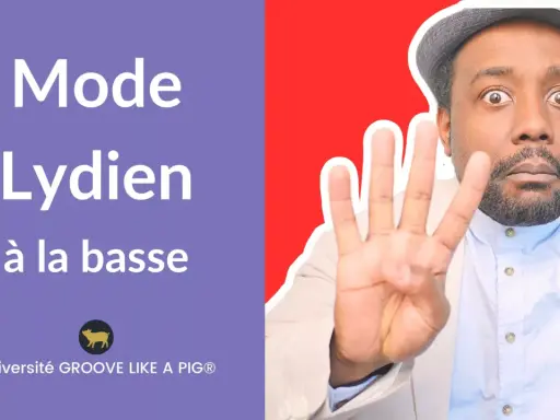 Un homme montre quatre doigts, avec le texte "Mode Lydien à la basse" sur fond violet.
