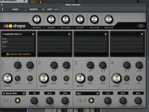Interface du logiciel luna shape, avec des contrôles pour un instrument virtuel de basse.