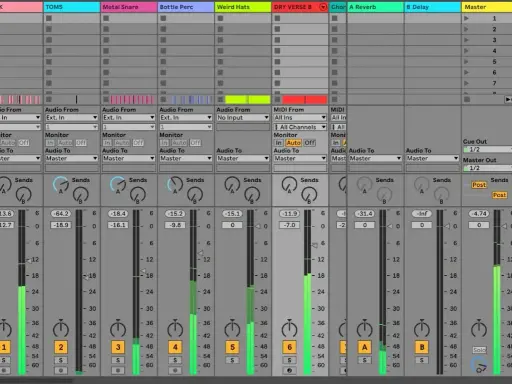 Tableau de mixage audio, avec des pistes nommées KICK, TOMS, etc. Les curseurs de volume sont visibles, certains en cours de mastering chain.