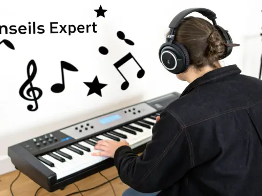 Personne avec casque jouant du clavier, entourée de notes de musique. Idéal pour un site pour faire des instru gratuit.