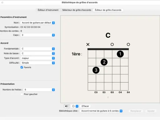 Éditeur de grille d'accords affichant un diagramme pour l'accord de Do majeur, avec les doigts 1, 2 et 3 positionnés.