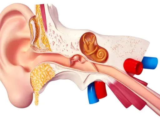 Coupe anatomique de l'oreille humaine, montrant les structures internes qui captent les sons et transforment les vibrations en musique pour nos oreilles.