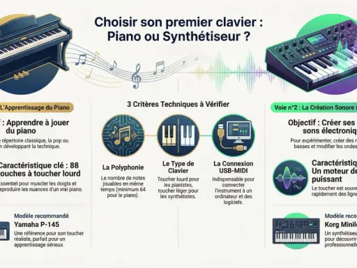 Comparaison entre un piano et un synthétiseur pour débutant, avec leurs caractéristiques et modèles recommandés.