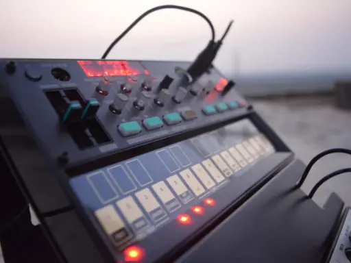 Synthétiseur avec clavier tactile et boutons, prêt à créer des sons. Le compresseur voix est intégré pour peaufiner le mix.