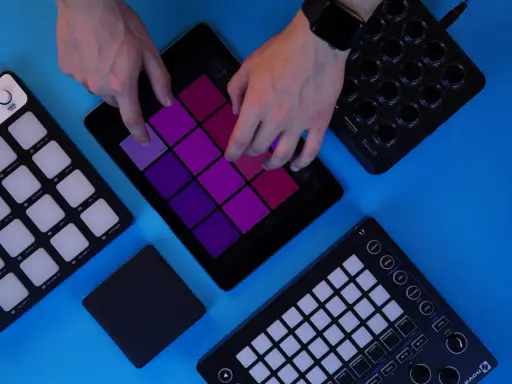 Des mains jouent sur une tablette avec des pads colorés, entourée de contrôleurs pour créer de la musique. Un sampler sans ordinateur en action.