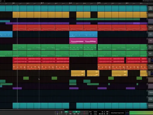 Tableau d'une station de travail audio numérique, montrant des pistes pour la **mao musique** : batterie, basse, synthés et effets.