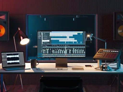Studio d'enregistrement avec ordinateur affichant une station de travail audio numérique, un clavier, des enceintes et un pad de batterie, le tout constituant du matériel pour composer musique électronique.
