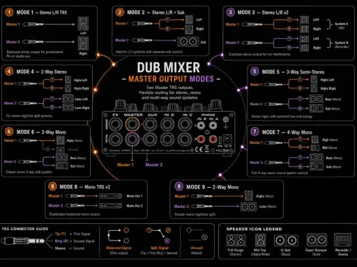 Schéma du Dub Mixer, montrant les 9 modes de sortie master pour une reamping box.