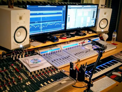 Studio d'enregistrement avec deux écrans affichant des pistes audio, des tables de mixage, des enceintes, un clavier MIDI et un microphone. Le fichier midi est prêt à être créé.