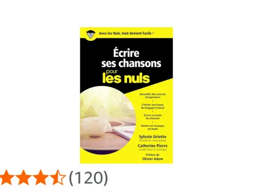 Livre "Écrire ses chansons pour les nuls" expliquant comment on écrit musique, avec une tasse de café et une guitare en arrière-plan.