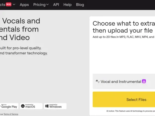 LALAL.AI : séparez voix et instruments grâce à l'IA. Téléchargez vos fichiers audio ou vidéo pour une qualité pro.