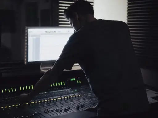Un ingénieur du son ajuste la console, créant un mixage audio de qualité mp3 320 kbps.