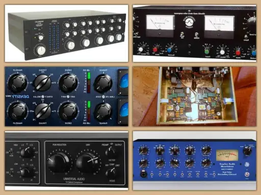 Ensemble de matériel audio professionnel, incluant un compresseur multibande, des vu-mètres et des circuits internes.