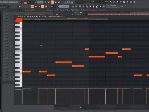 Piano Roll dans FL Studio, montrant des notes orange créant une mélodie. L'arpeggiator fl studio est en cours de création.