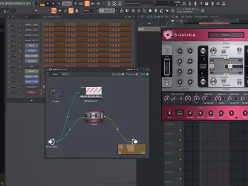 FL Studio 21 sur Mac, avec le synthétiseur Sakura et un séquenceur VFX.