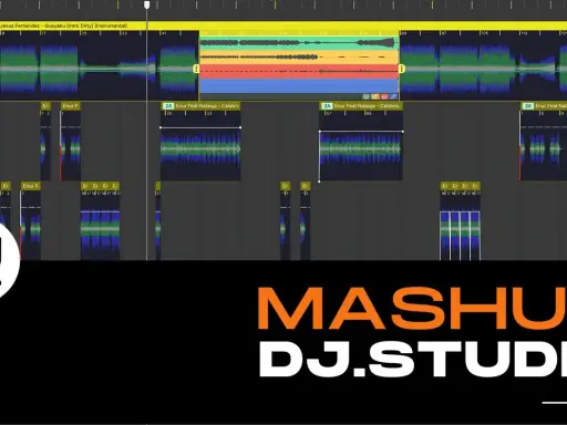 Interface de production musicale avec des formes d'onde audio. Idéal pour la formation beatmaker et le mixage.