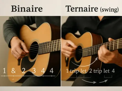 Deux guitares acoustiques, l'une illustrant un rythme binaire (mesure 3/4), l'autre un rythme ternaire (swing).
