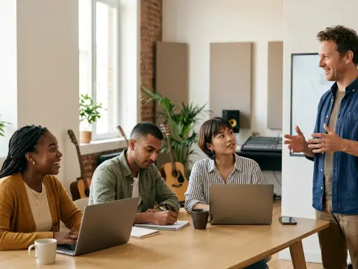 Un formateur anime une session de formation MAO CPF. Trois apprenants sont attentifs autour d'une table, certains sur ordinateur, d'autres prenant des notes.