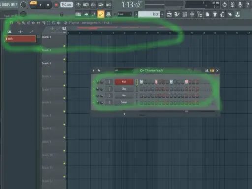 Le channel rack de FL Studio affiche les pistes de batterie : Kick, Clap, Hat, Snare.
