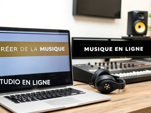 Un ordinateur portable affiche "CRÉER DE LA MUSIQUE" et "STUDIO EN LIGNE". Un clavier, des écouteurs et un moniteur de studio sont prêts pour faire de la musique en ligne.