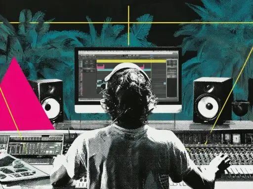 Un producteur de musique, casque sur les oreilles, face à son écran, navigue entre Ableton et Cubase. Palmiers stylisés et formes géométriques.