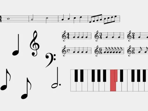 Portée musicale avec des notes, des clés de sol et de fa, et un clavier de piano où la clé d'ut 3 est mise en évidence en rouge.