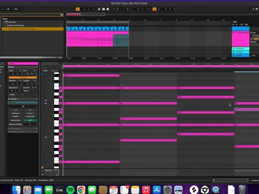 Tuto Ableton Live 11 : création d'une mélodie avec des notes roses dans l'éditeur MIDI.
