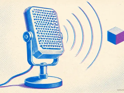 Microphone vintage bleu émettant des ondes sonores vers un cube. Idéal pour un voice tag gratuit.