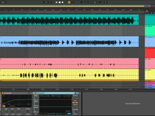 Pistes audio dans une station de travail audio numérique, avec des formes d'onde visibles. Une piste "Lead Vocal" est sélectionnée, suggérant un travail sur la voix et l'ajout d'un effet de reverb voix.
