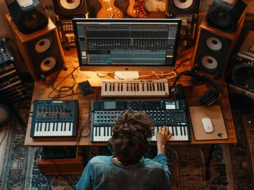 Un artiste crée de la **production musique** dans son studio, entouré de claviers, synthétiseurs, guitares et enceintes.