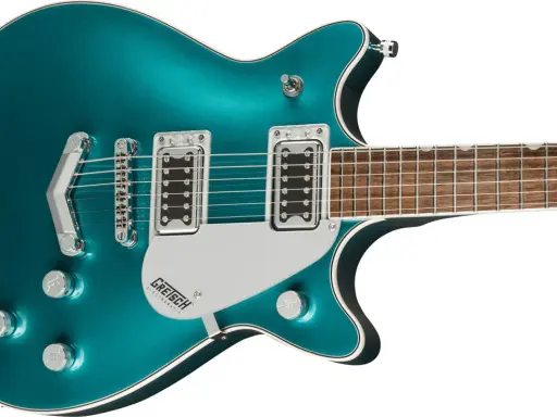 Guitare électrique Gretsch G5222 bleu sarcelle, avec ses micros double bobinage et son vibrato Bigsby.