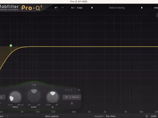 Égaliseur FabFilter Pro-Q 3 avec un filtre coupe bas actif, réduisant les fréquences graves.