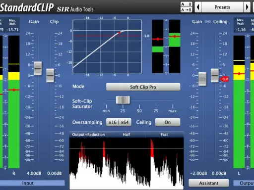 Interface d'un logiciel audio montrant un graphique de courbe de gain avec un effet soft clipper, des vu-mètres et des contrôles.