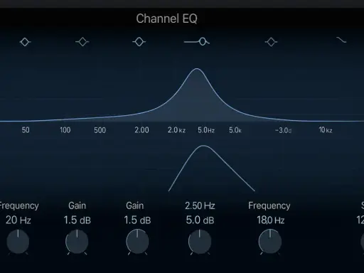 Écran de réglage égaliseur 5 bandes, avec courbes de fréquences et potentiomètres pour ajuster le son.