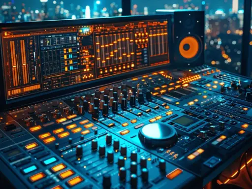 Console de mixage audio illuminée, parfaite pour une formation mixage audio. Les lumières bleues et oranges créent une ambiance de studio nocturne.
