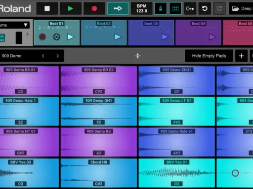 Interface d'une appli pour créer sa propre musique, avec des pistes audio et des pads de batterie.