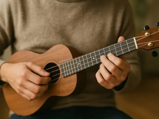 Main d'un musicien jouant un ukulélé, ses doigts formant un nom d'accord guitare sur le manche.
